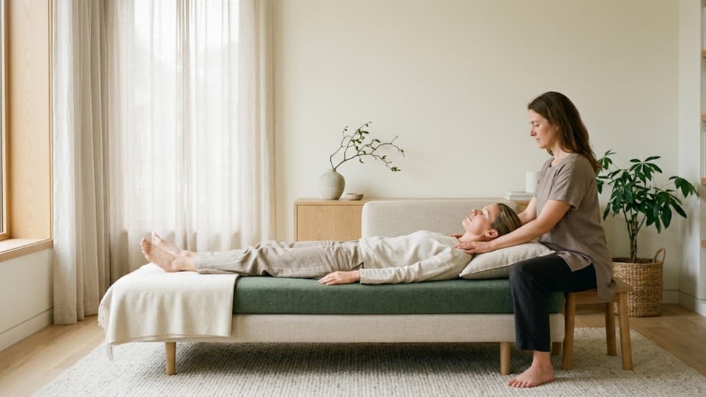 A practitioner seated at the head of a daybed, hands resting on a person’s shoulders in a calm residential room.