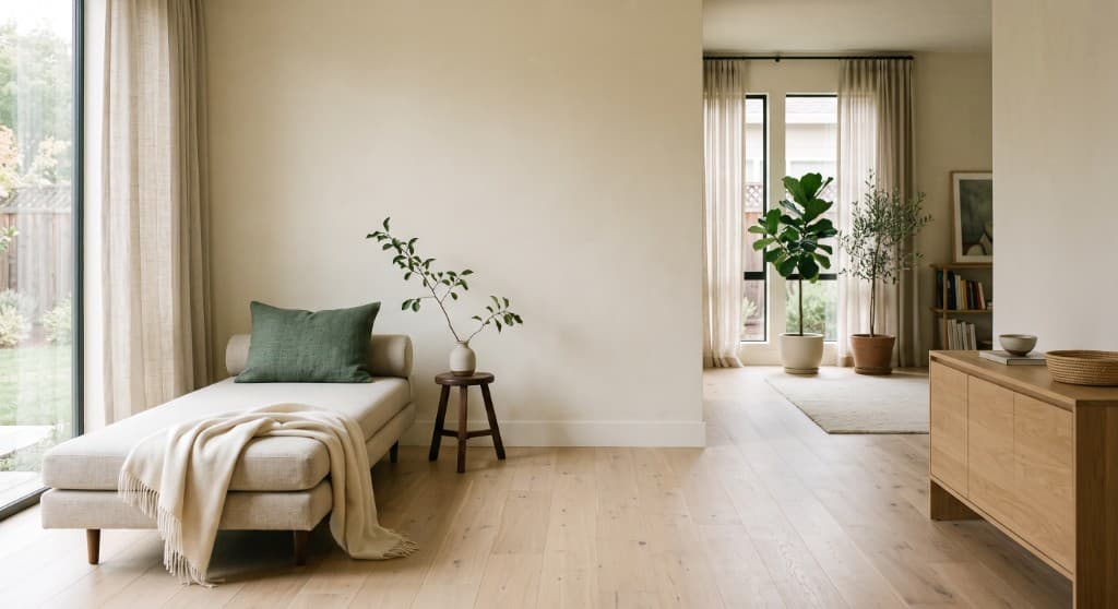 A sunlit residential room with a cream chaise, warm oak furniture, and a quiet ivory wall.