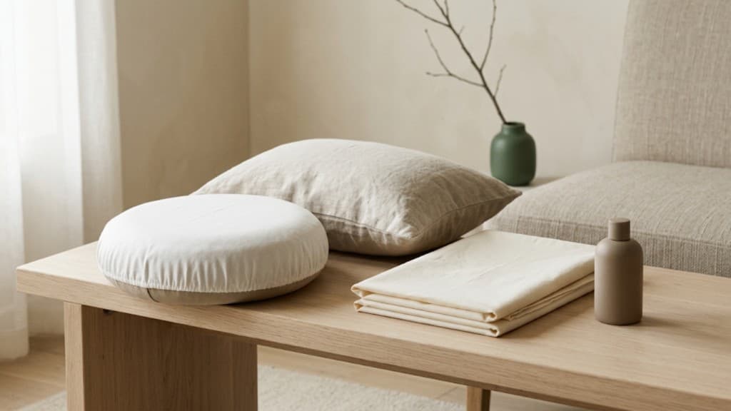 Pillows, folded linen, and a small bottle arranged on a light oak bench in a sunlit room.