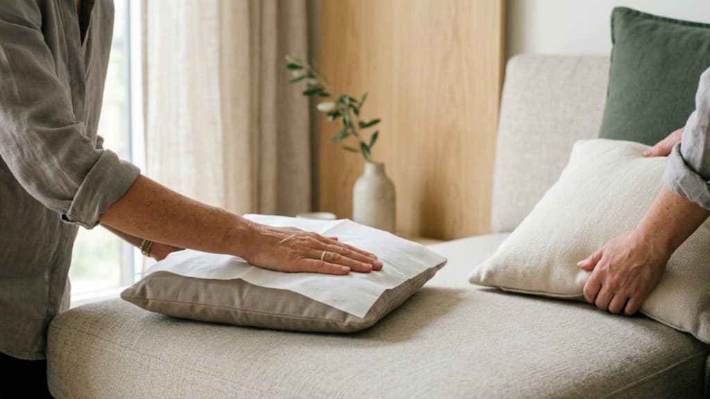 Hands placing a white protective sheet over a pillow on a sofa in a bright residential room.