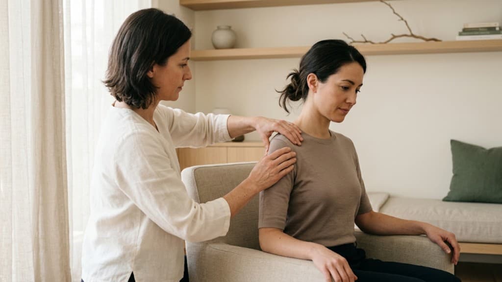 A practitioner standing beside a seated person, hands placed on the shoulder and upper arm in a residential interior.